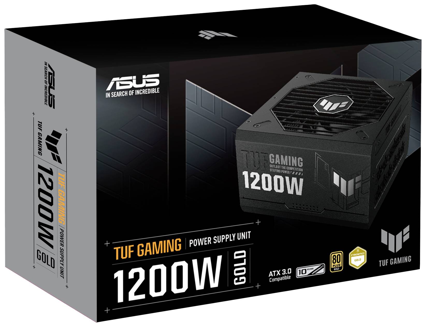 Verpackung einer ASUS TUF Gaming 1200W Gold Netzteil, ATX 3.0, mit Produktabbildung und Logo, geeignet für leistungsstarke Gaming-PCs.