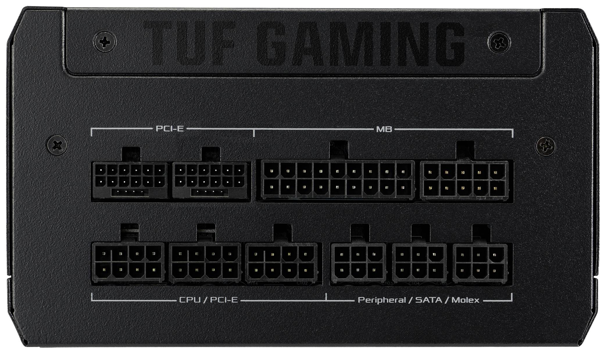 Rückseite eines modularen Netzteils mit verschiedenen Anschlüssen, beschriftet für PCI-E, CPU/PCI-E, Mainboard und Peripherie/SATA/Molex.