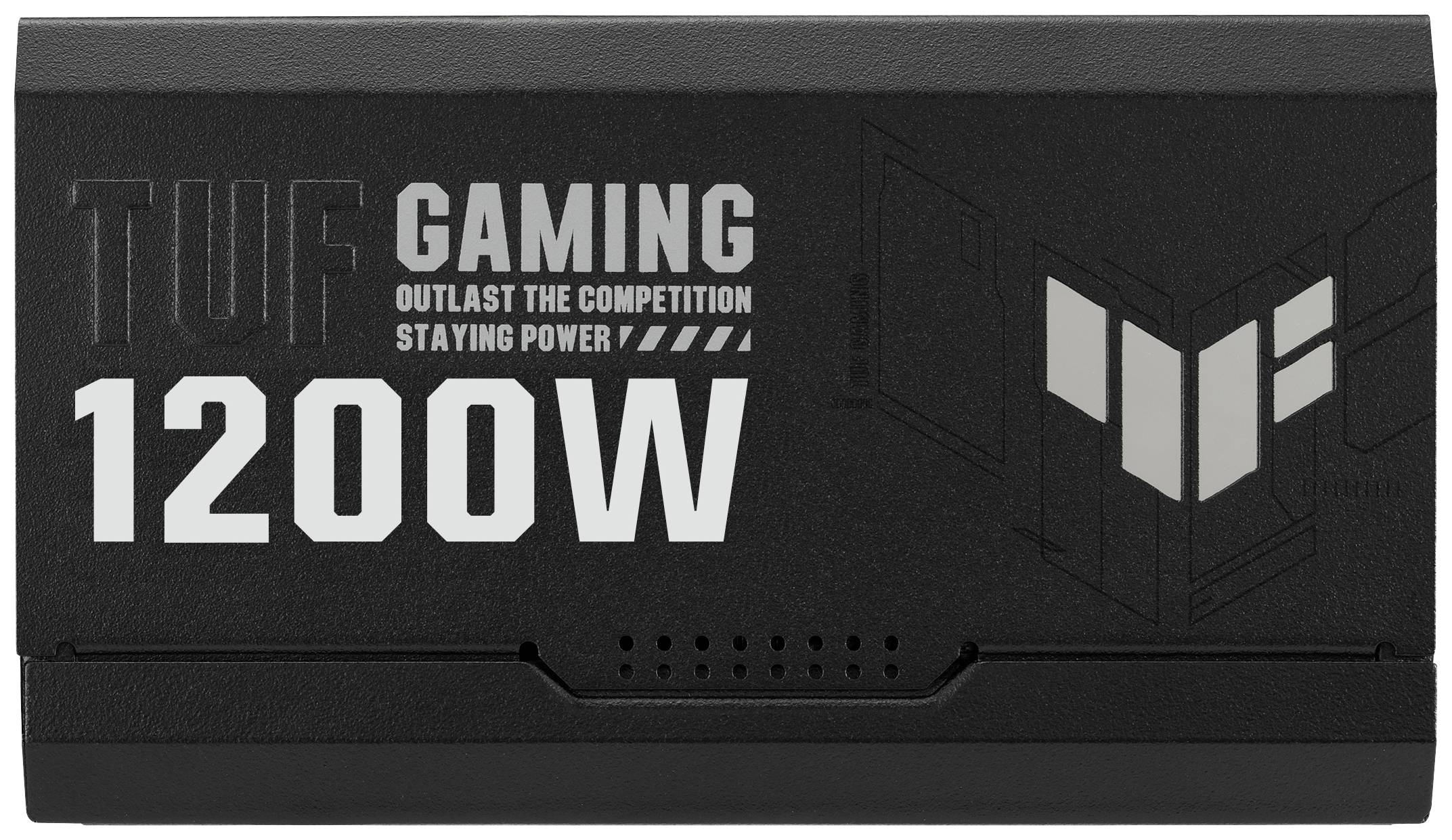 Schwarzes Gehäuse einer Gaming-Stromversorgung mit der Aufschrift 'TUF Gaming 1200W' und 'Outlast the Competition, Staying Power'.