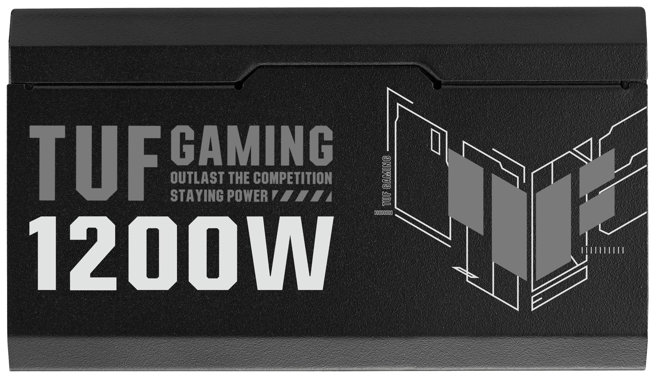 Schwarzes Netzteil mit Aufschrift 'TUF Gaming 1200W'. Grafische Muster rechts. Wird für leistungsstarke Computer verwendet.