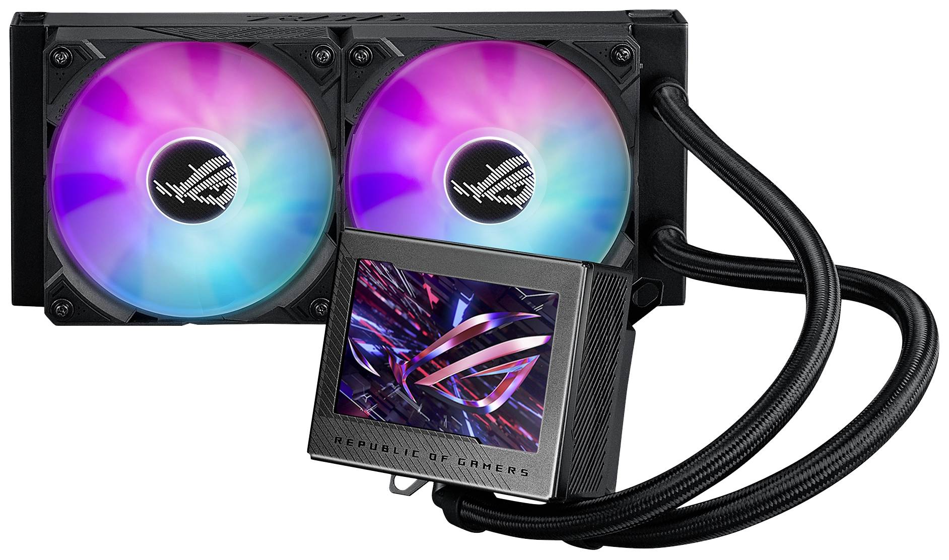 Flüssigkeitskühlsystem mit zwei leuchtenden Lüftern, Logo 'ROG STRIX' auf Display im Vordergrund. Gaming-Zubehör für Computer.