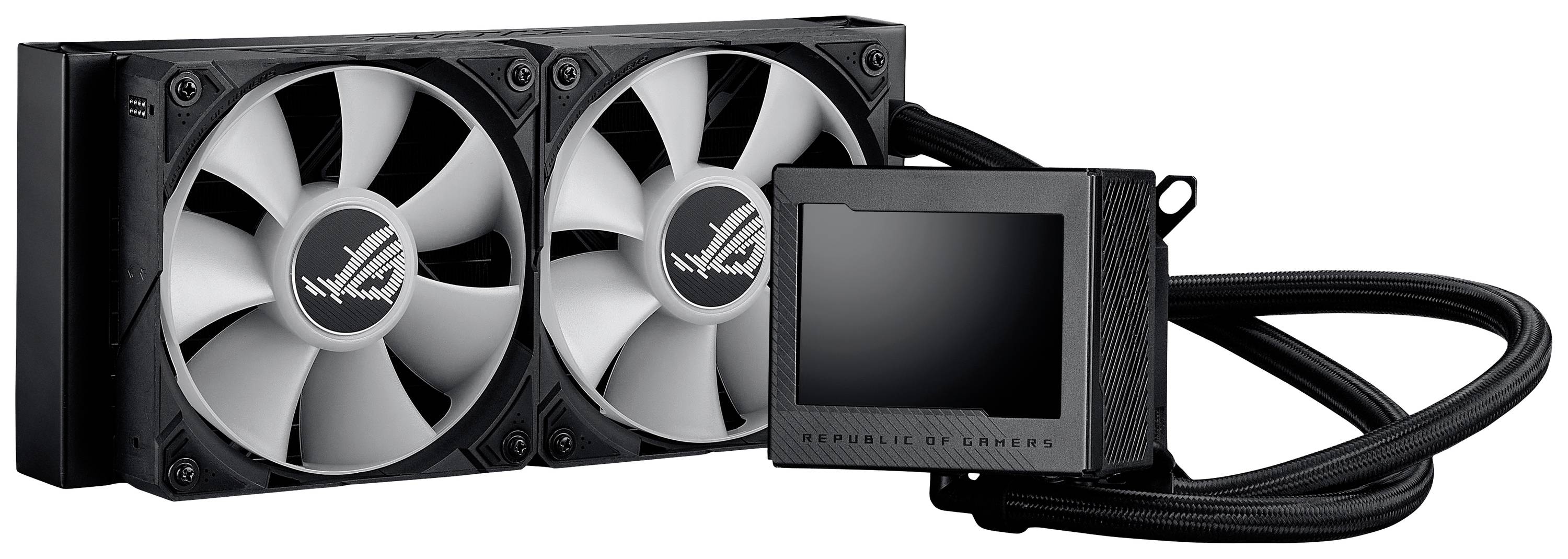 Flüssigkeitskühler mit zwei Lüftern und digitalem Display, geeignet für leistungsstarke Computerprozessoren zur Wärmeableitung.