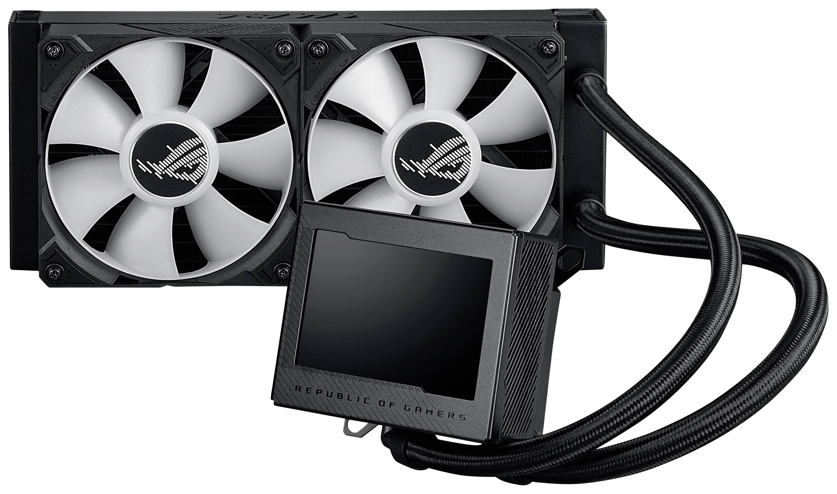 Zwei Computerlüfter mit einem schwarzen Kühlkörper und Schläuchen, wahrscheinlich Teil eines PC-Wasserkühlsystems.