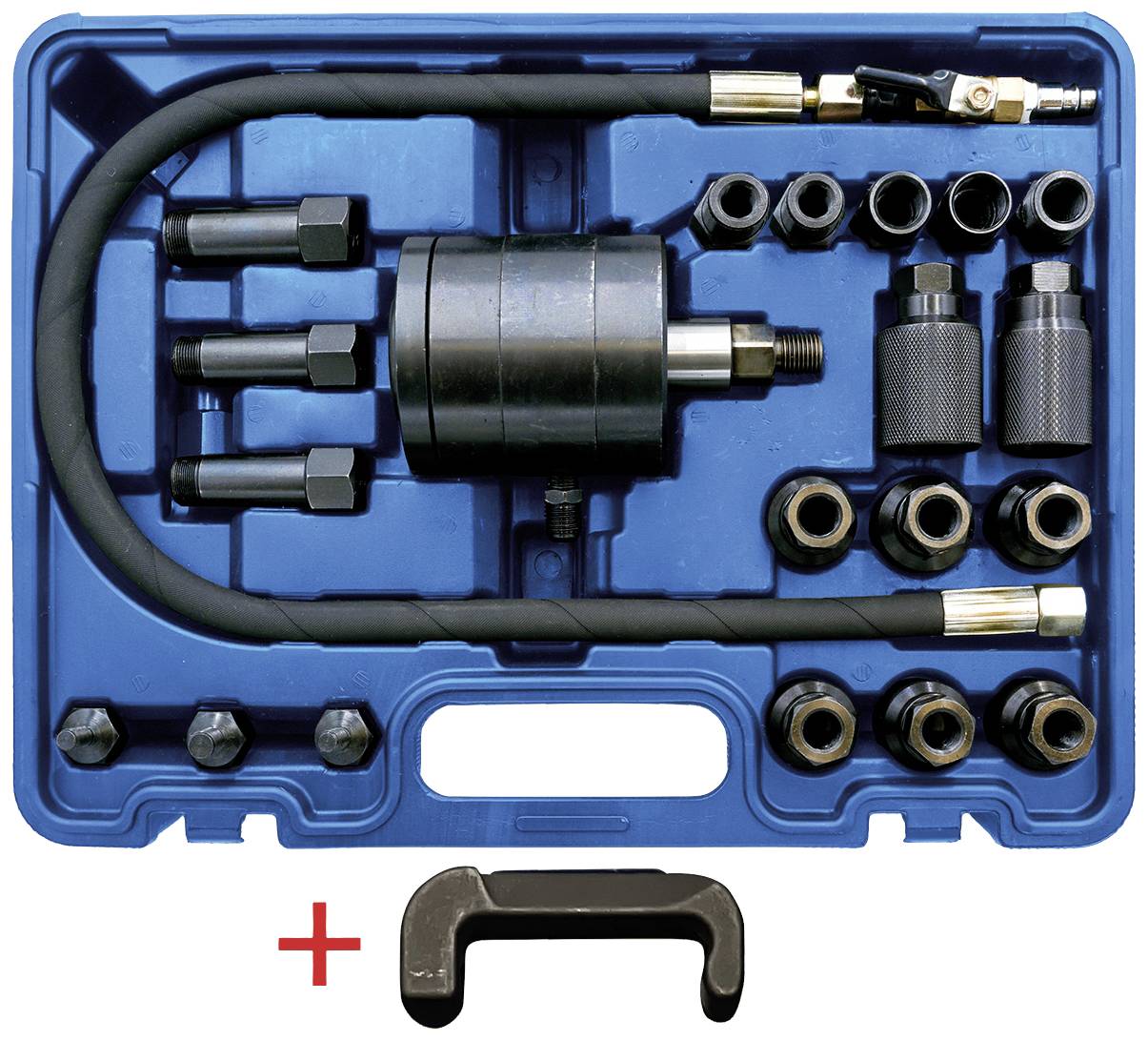 Werkzeugkoffer mit verschiedenen Metallaufsätzen, Schläuchen und Verbindungsstücken, angeordnet in einer blauen Kunststoffbox.