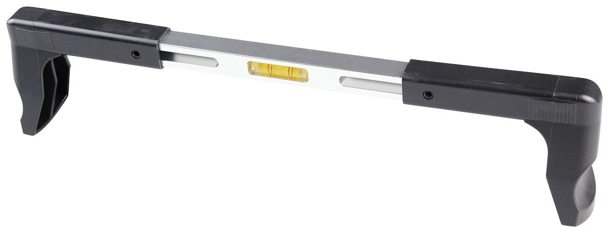 Wasserwaage mit zwei schwarzen Griffen an den Enden und transparenter Libelle in der Mitte.