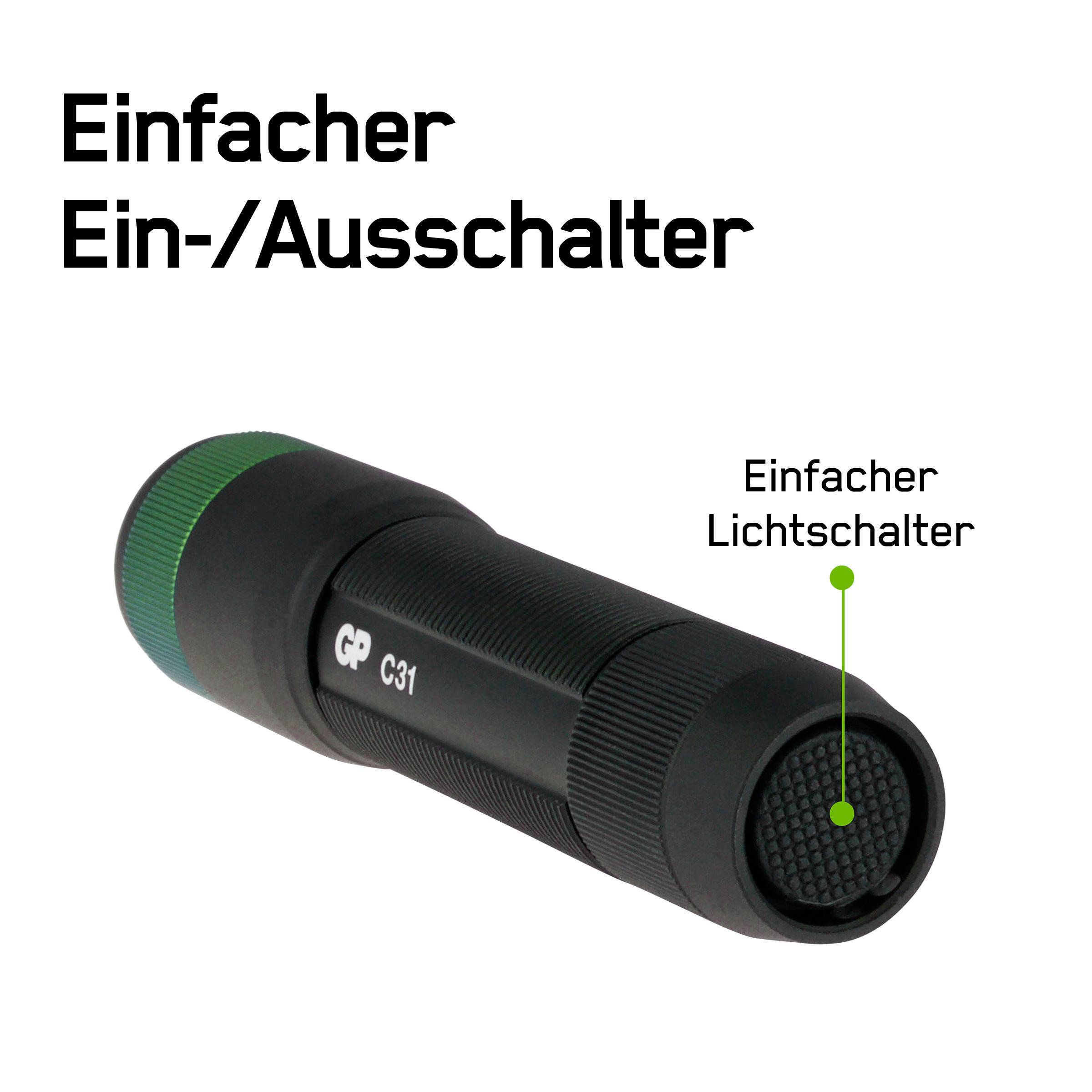 Taschenlampe mit einfachem Ein-/Ausschalter und der Beschriftung 'Einfacher Lichtschalter', Design betont die Benutzerfreundlichkeit.