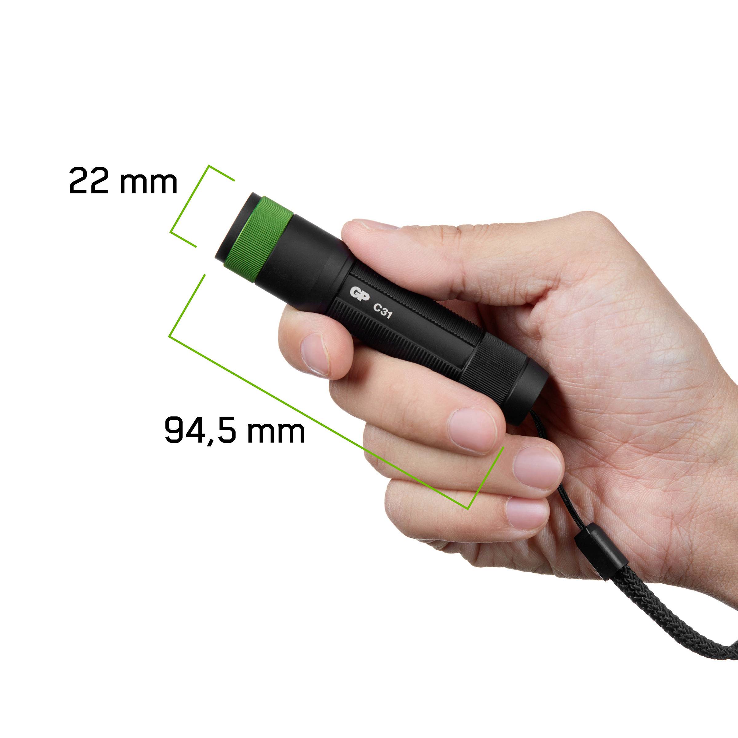 Eine Hand hält eine schwarze Taschenlampe mit grünem Kopf. Pfeile zeigen die Maße an: 22 mm Durchmesser und 94,5 mm Länge.