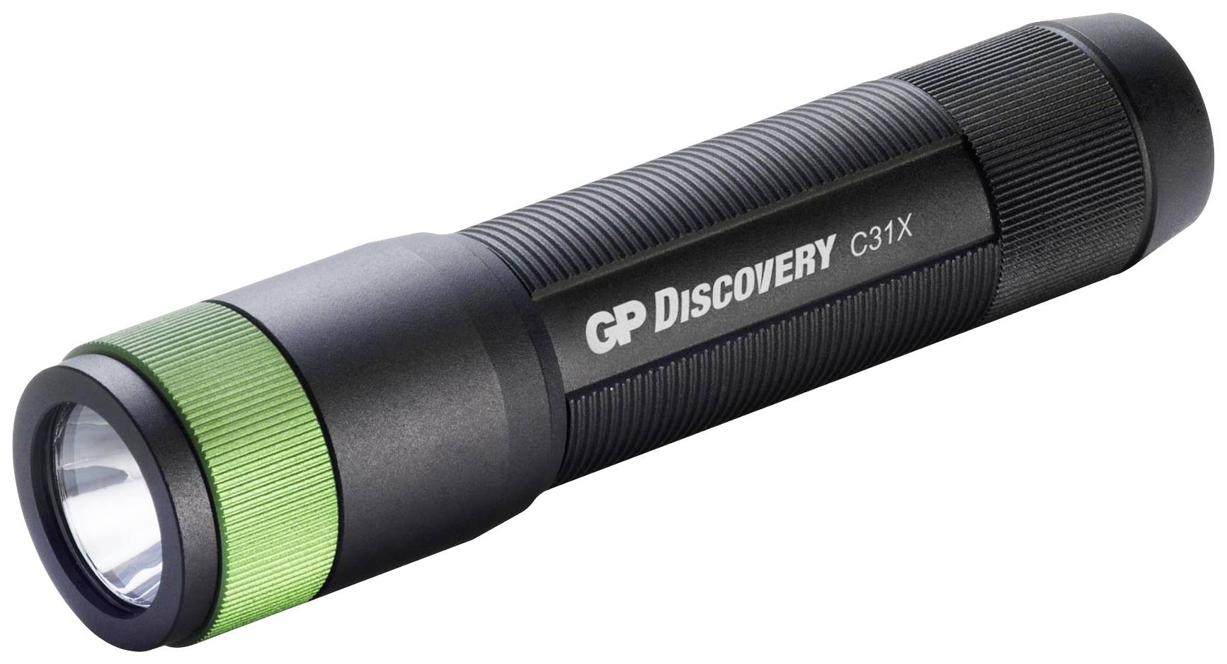 Taschenlampe mit metallischem Gehäuse und grünem Ring am Leuchtenkopf, Modell 'GP Discovery C31X'.