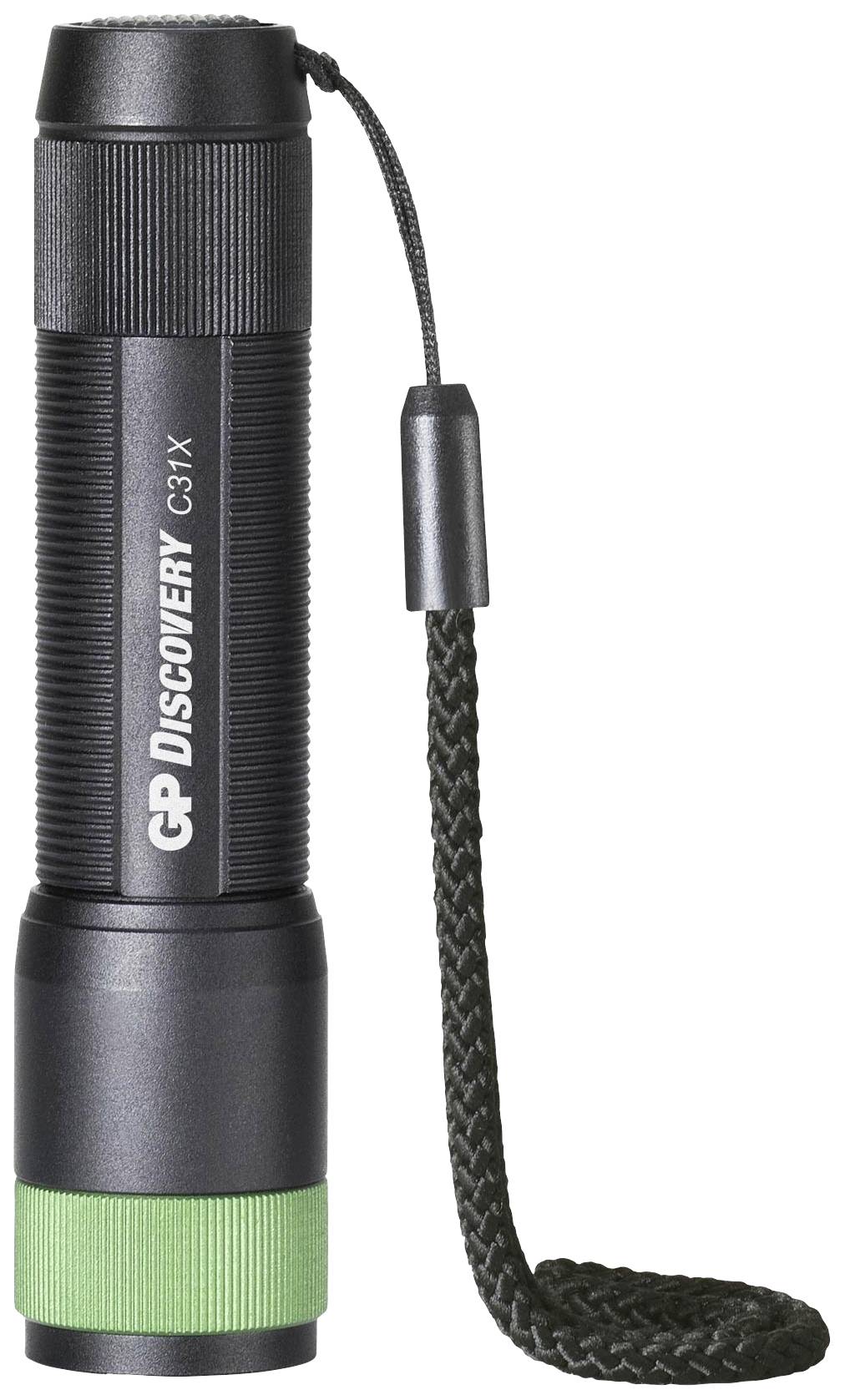 Eine schwarze Taschenlampe mit grünem Ende und Halteschlaufe. Beschriftet mit 'GP Discovery C31X'.
