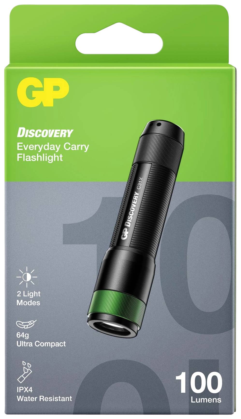 'GP Discovery Taschenlampe', kompakte schwarze Taschenlampe auf grünem Hintergrund. Text: '2 Lichtmodi, 64g, IPX4 wasserdicht, 100 Lumen'.
