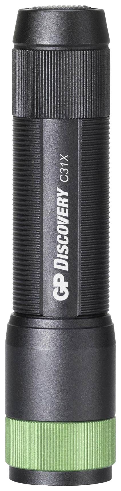 Schwarze Taschenlampe mit grüner Kappe und der Aufschrift 'GP Discovery C33X' auf der Seite.