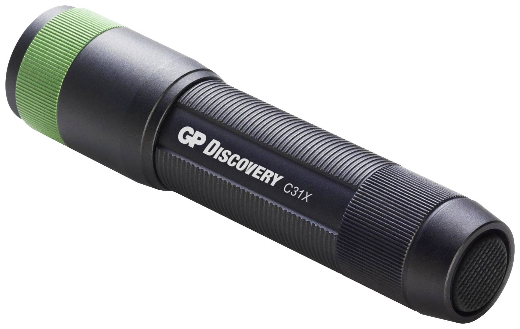 Schwarze Taschenlampe mit grünem Ring, seitlich die Aufschrift 'GP Discovery C31X'.