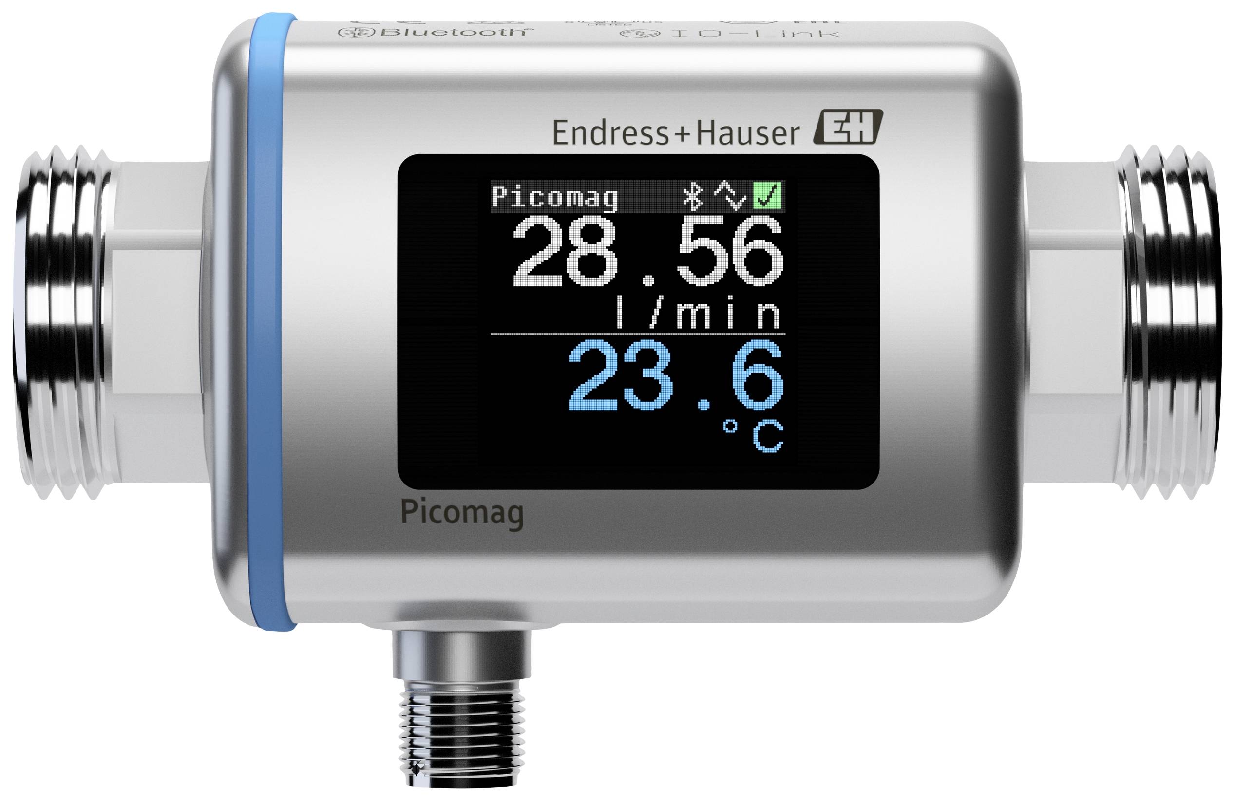 Ein Metallgerät mit Digitalanzeige zeigt '28,56 l/min' und '23,6 °C', markiert mit 'Endress+Hauser' und 'Picomag'.