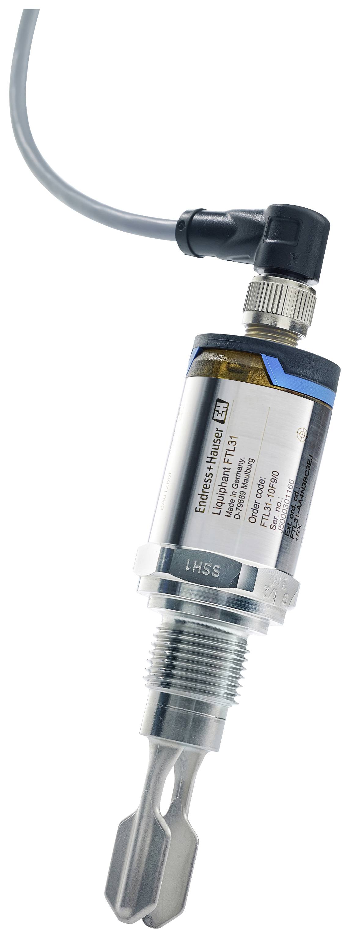 Gabelkopfsensor mit Kabel und Etikett der technischen Spezifikationen. Gerät zur Erfassung von Materialbeschaffenheit oder Füllstand.