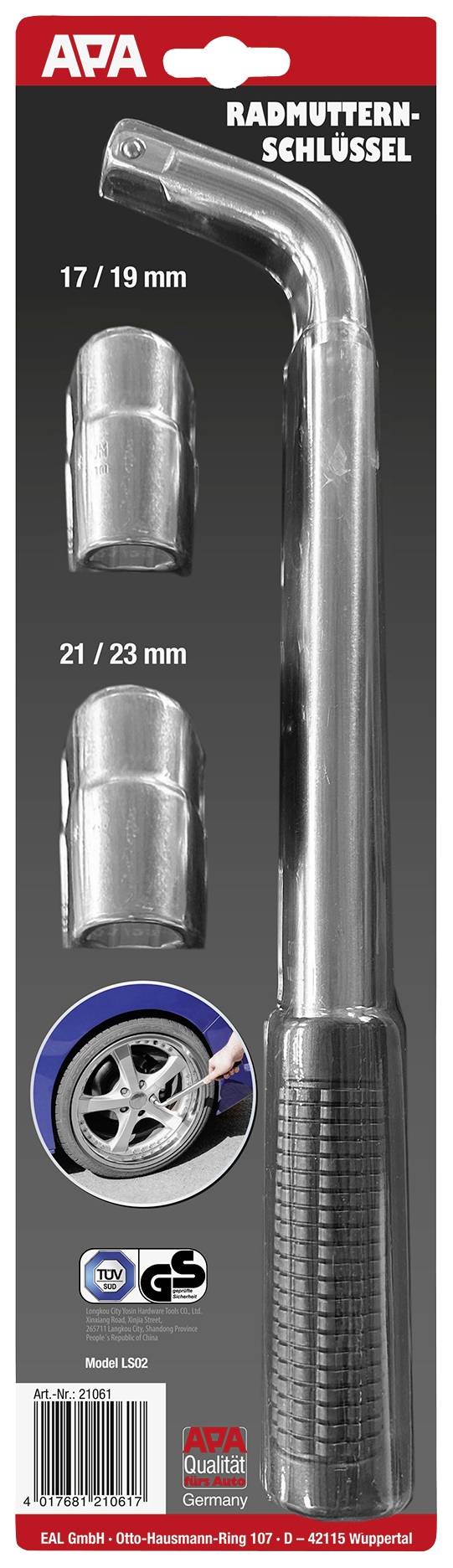 Radmutternschlüssel-Set mit Teleskopgriff und zwei Steckschlüsseleinsätzen (17/19 mm und 21/23 mm). Geeignet fürs Lösen von Radmuttern.