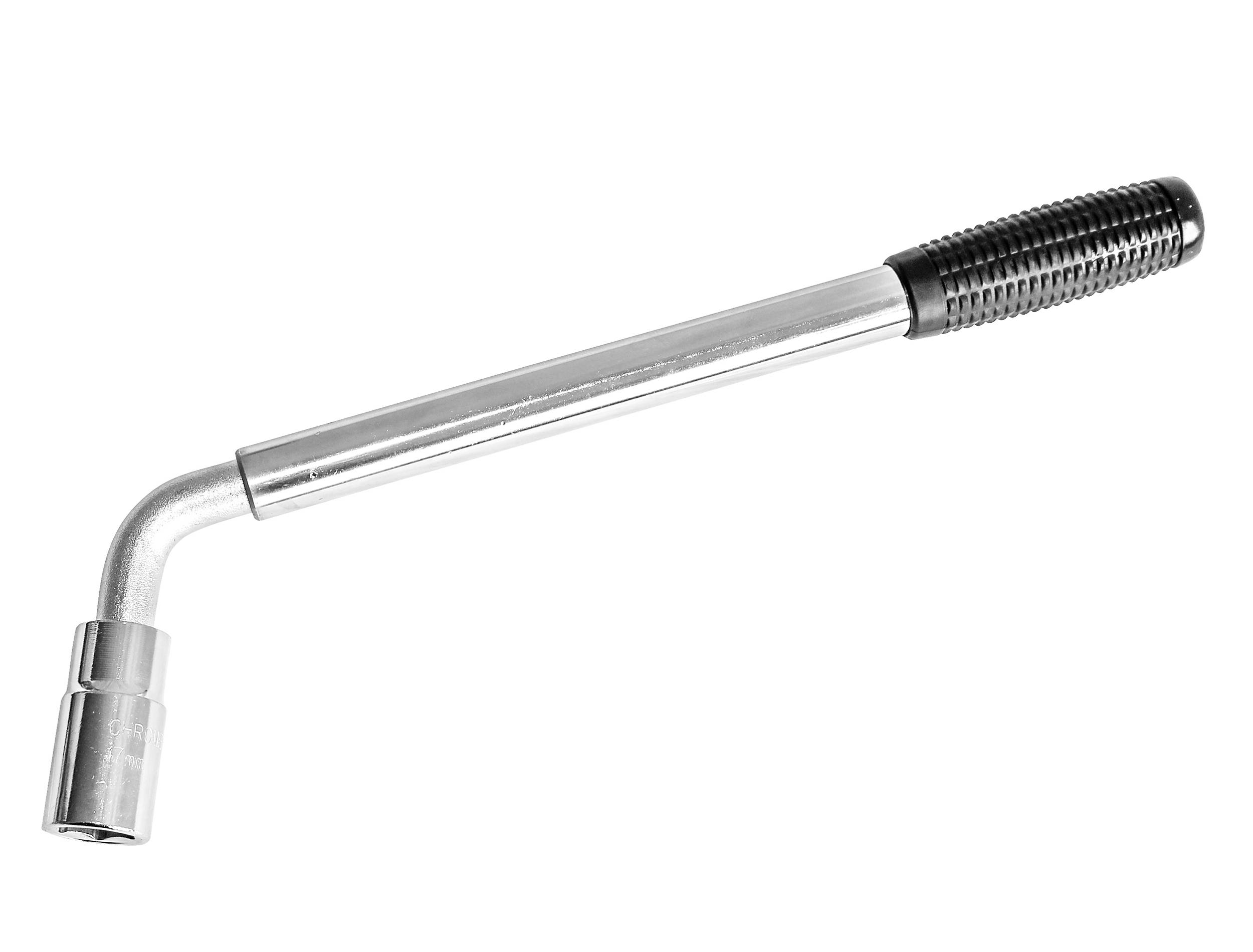 Ein Radmutternschlüssel mit einem langen Griff und einem schwarzen, geriffelten Griffstück. Eignet sich zum Lösen oder Anziehen von Radmuttern.