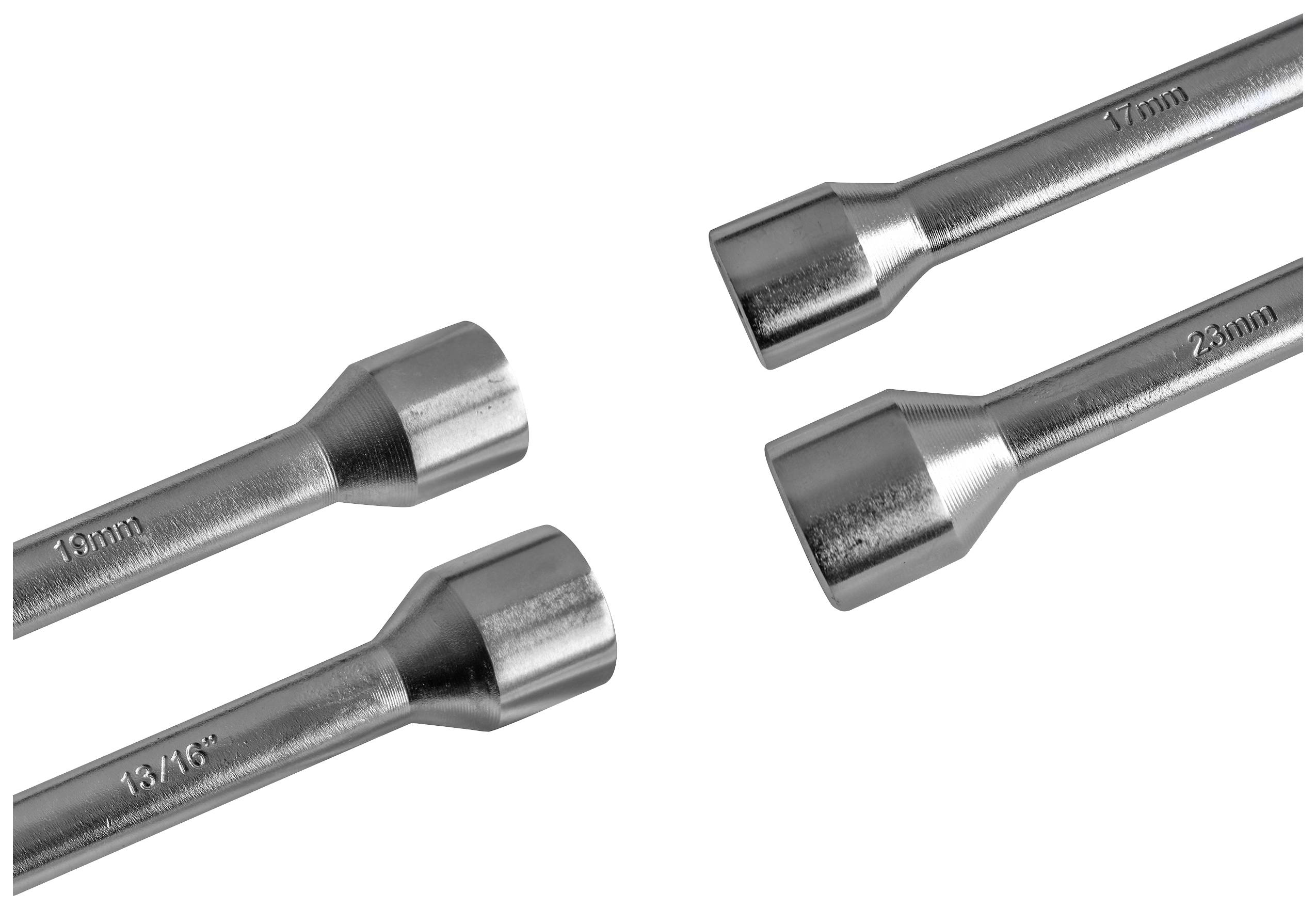 Vier Steckschlüssel in verschiedenen Größen: 16mm, 18mm, 13/16 Zoll und 23mm. Sie sind aus Metall und liegen nebeneinander.