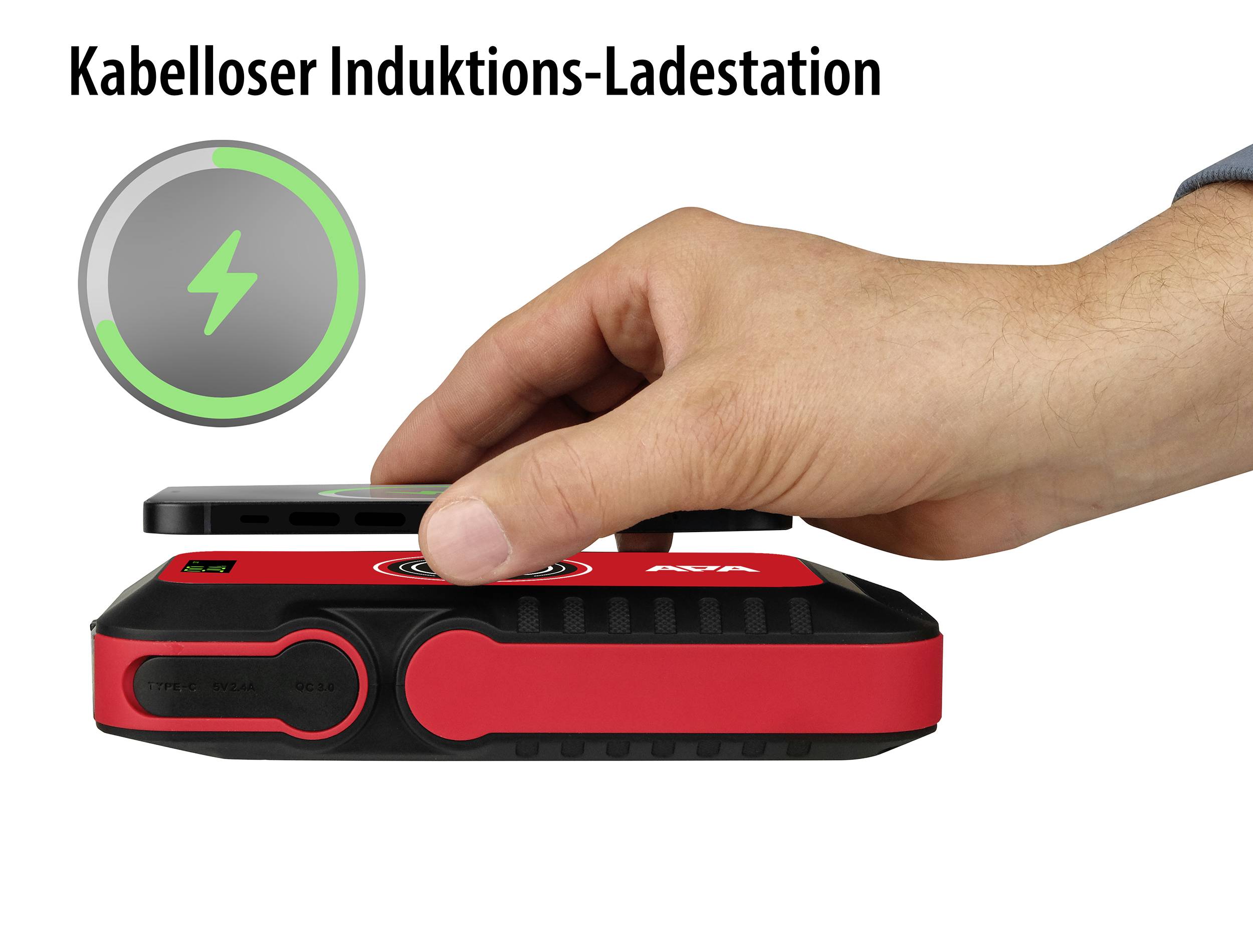 Hand legt Smartphone auf rote kabellose Induktions-Ladestation. Ladeprozess durch grünes Symbol dargestellt.