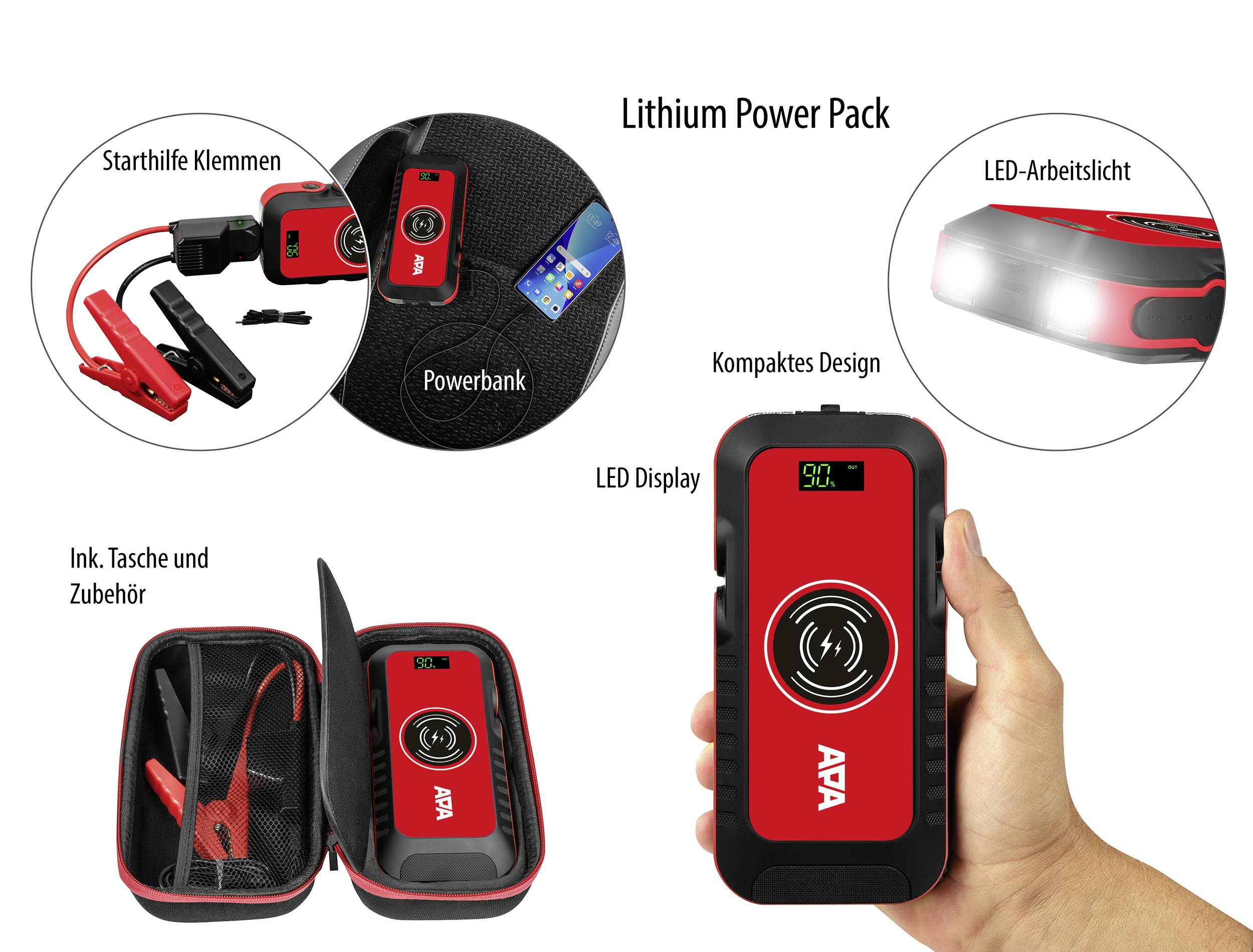 Lithium Power Pack mit Starthilfe-Klemmen, Powerbank, LED-Display und Arbeitslicht. Kompaktes Design, inkl. Tasche und Zubehör.
