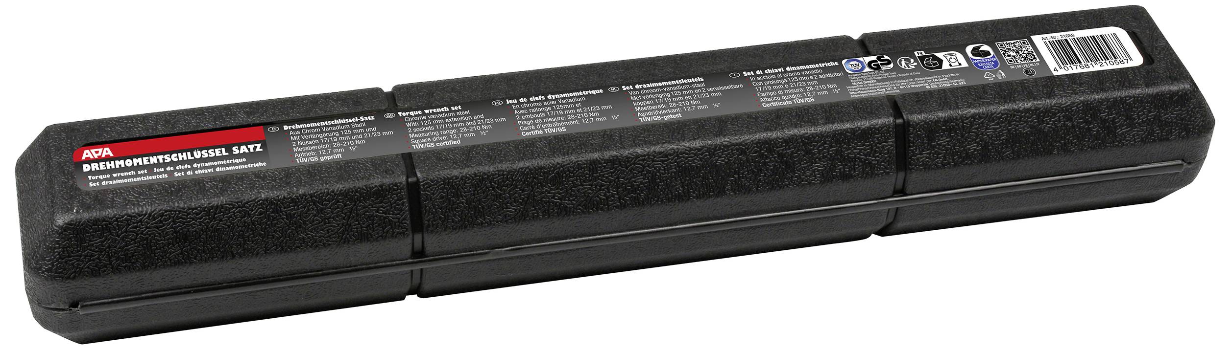 APA Drehmomentschlüssel 1/2 Zoll 28-210 Nm 21058 Drehmomentschlüssel-Set mit Einsteckwerkzeugen, mit Umschaltknarre 1/2"