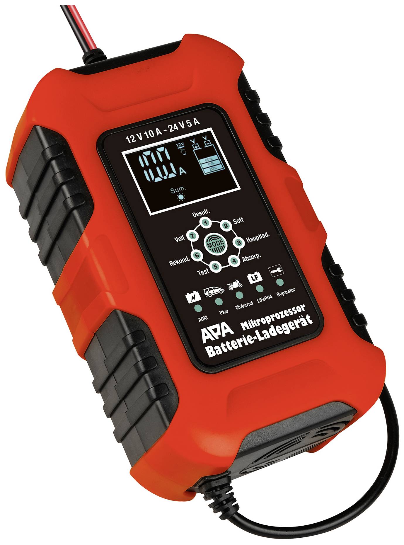 Ein rotes Batterieladegerät mit einem digitalen Display, das Informationen wie Ladezustand anzeigt. Geeignet für 12V und 24V Batterien.