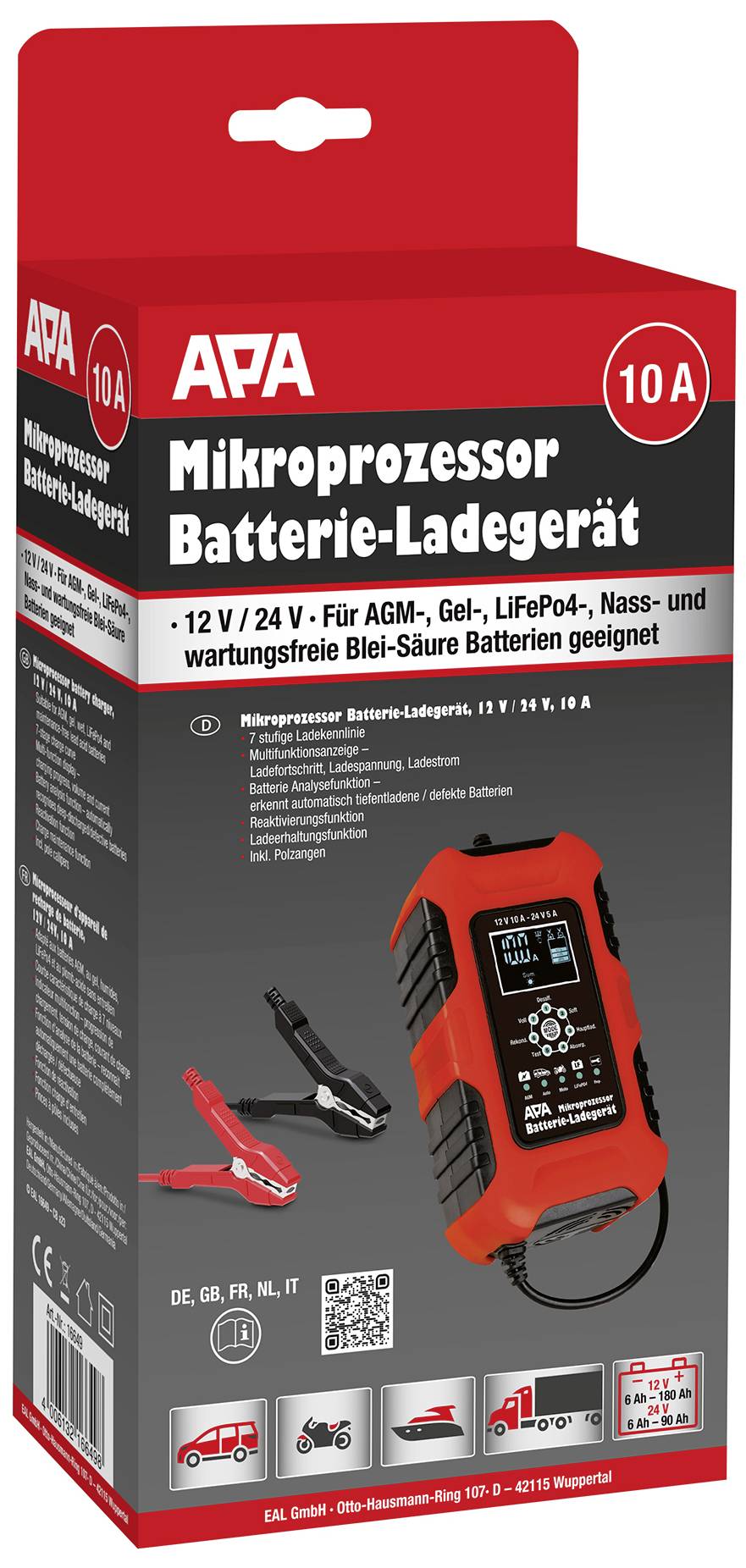 Verpackung eines Mikroprozessor-Batterie-Ladegeräts von APA. Geeignet für verschiedene Batterietypen, 12V/24V, 10A Leistung.