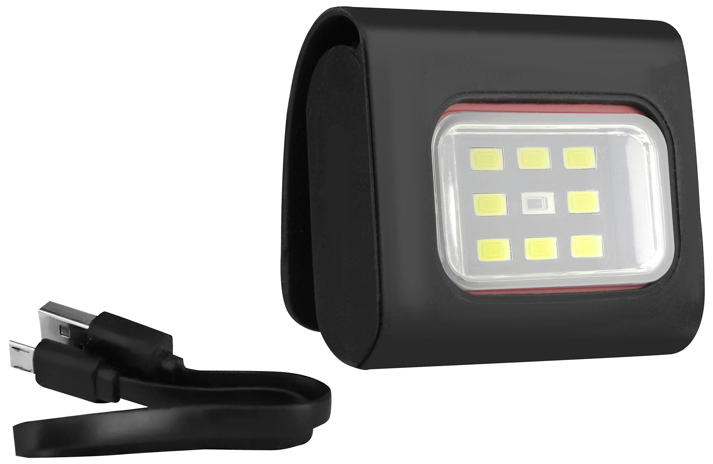 Tragbare LED-Leuchte mit schwarzem Gehäuse und USB-Ladekabel daneben.