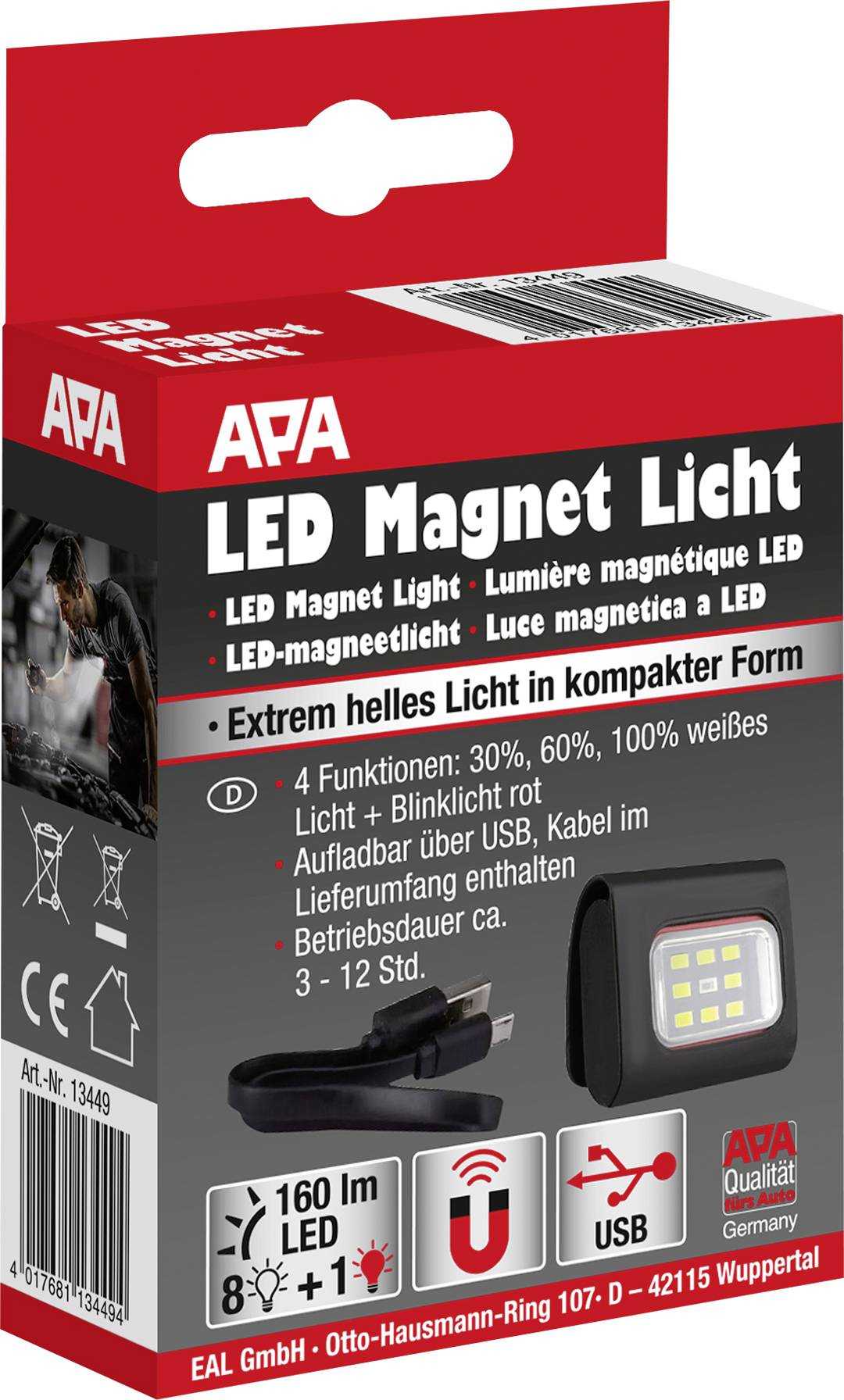 'APA LED Magnet Licht' Verpackung zeigt ein tragbares LED-Licht. Es bietet vier Helligkeitsstufen und ist per USB aufladbar.