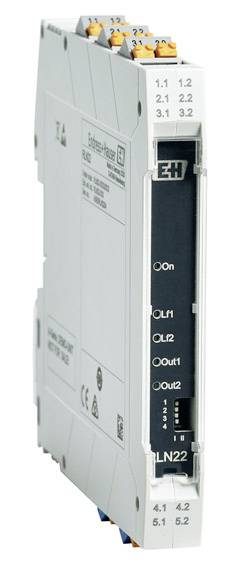 Ein elektronisches Gerät mit mehreren Anschlüssen und Kontrollleuchten, wahrscheinlich ein Modul für industrielle Anwendungen.