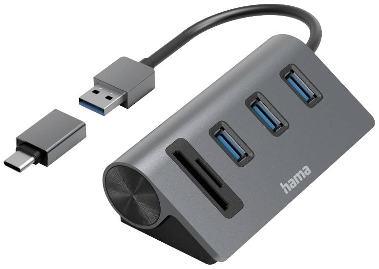 USB-Hub mit drei USB-Anschlüssen und zwei Speicherkartensteckplätzen. Abnehmbarer Adapter von USB-A auf USB-C. Marke 'hama'.