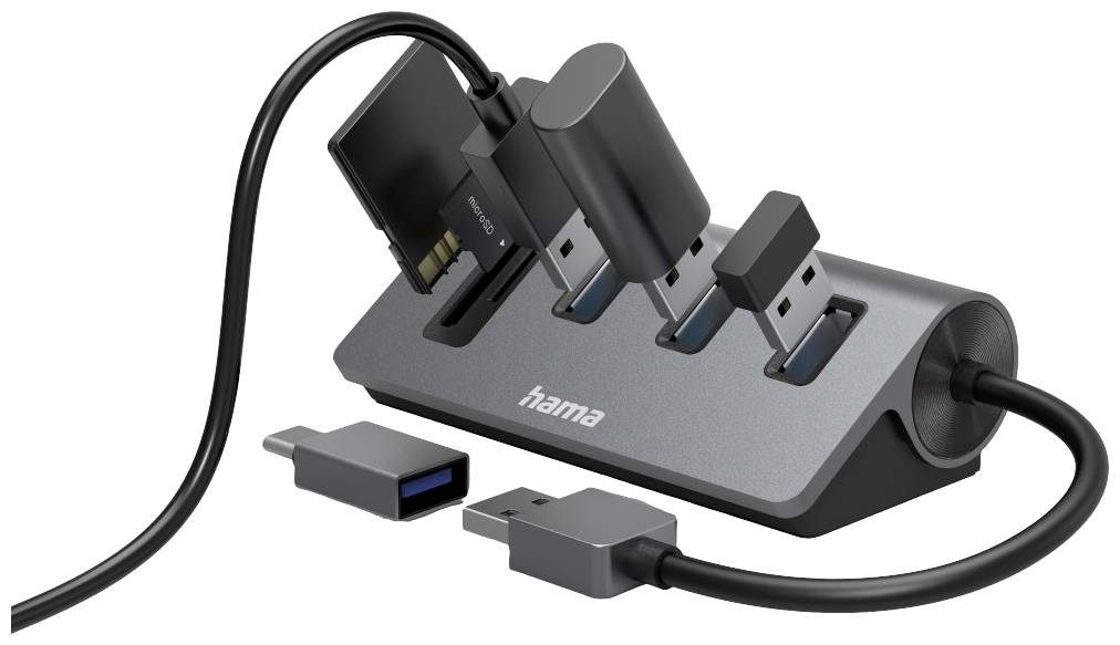 Hama 5 Port USB 3.2 Gen 1-Hub (USB 3.0) mit eingebautem SD-Kartenleser, mit USB-C® Stecker Grau