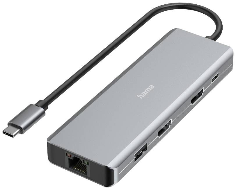 USB-C-Hub mit mehreren Anschlüssen, darunter USB, HDMI und Ethernet, zum Verbinden von Geräten und Peripheriegeräten.