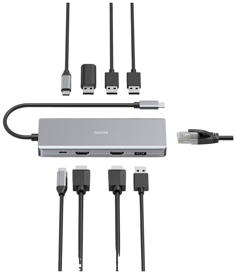 Abgebildet ist ein USB-C-Docking-Hub mit Anschlüssen für HDMI, USB und Ethernet, inklusive passender Kabel.