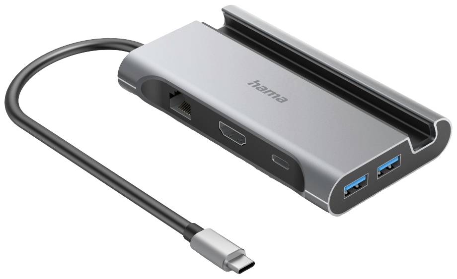 USB-C-Hub mit mehreren Anschlüssen, einschließlich USB, HDMI und Ethernet, von der Marke Hama. Silbernes Gehäuse mit schwarzem Kabel.