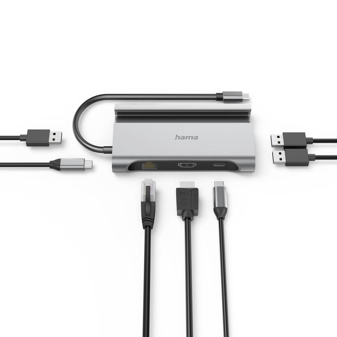 USB-C-Dockingstation mit mehreren Anschlüssen: HDMI, 2 USB, Ethernet und zwei weiteren Kabeln, ideal für erweiterte Konnektivität.