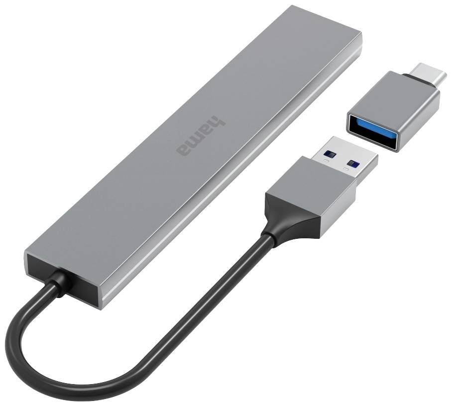 Metallischer USB-Hub mit drei Anschlüssen: USB-C, USB-A und USB-C-Port auf einem Kabel.  Ideal zur Erweiterung der Konnektivität.