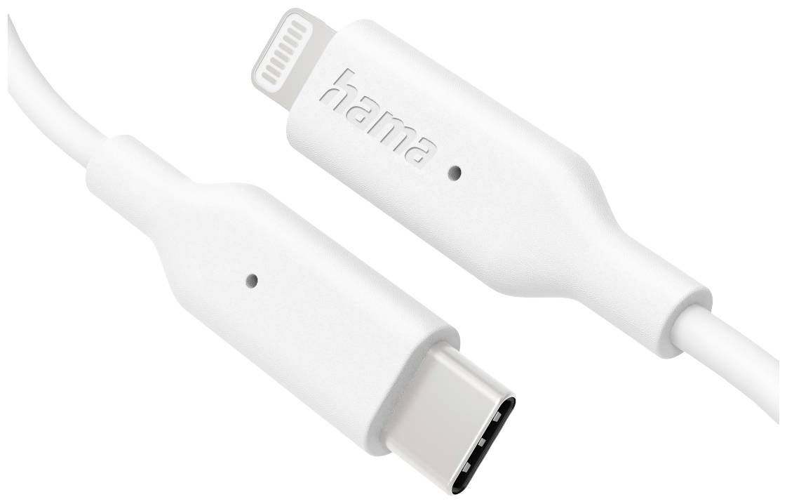 Zwei weiße Kabelstecker, einer mit USB-C und der andere mit Lightning-Anschluss, mit der Marke 'hama' auf dem Lightning-Stecker.