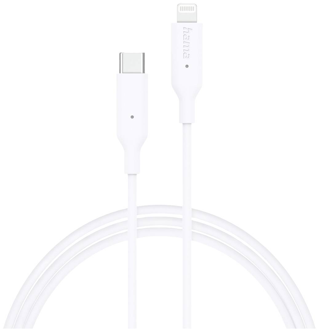 Ein weißes Kabel mit USB-C- und Lightning-Stecker, geeignet für das Aufladen von Apple-Geräten.