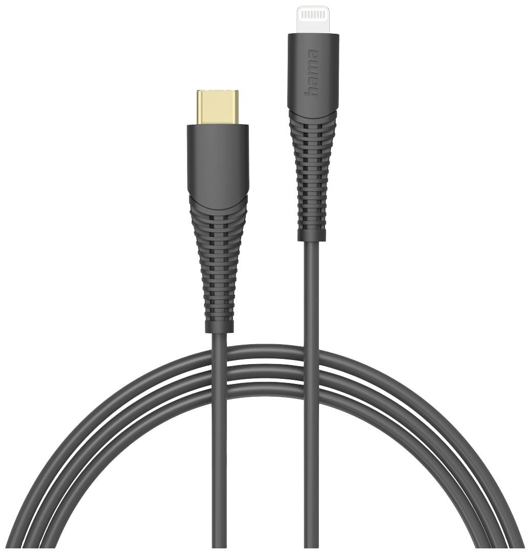 Ein schwarzgraues USB-C-auf-Lightning-Kabel mit verstärkten Anschlüssen, geeignet zum Laden und Datenübertragung für mobile Geräte.