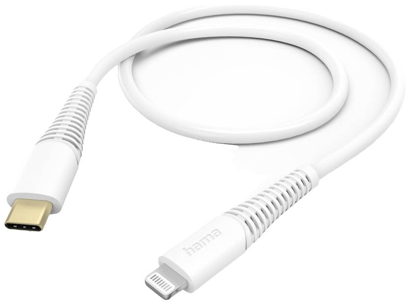 Ein weißes Kabel mit USB-C- und Lightning-Anschluss.