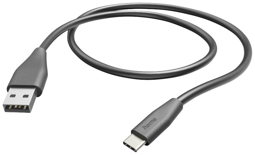 Ein schwarzes USB-Kabel mit einem USB-A-Stecker auf der einen Seite und einem USB-C-Stecker auf der anderen Seite.