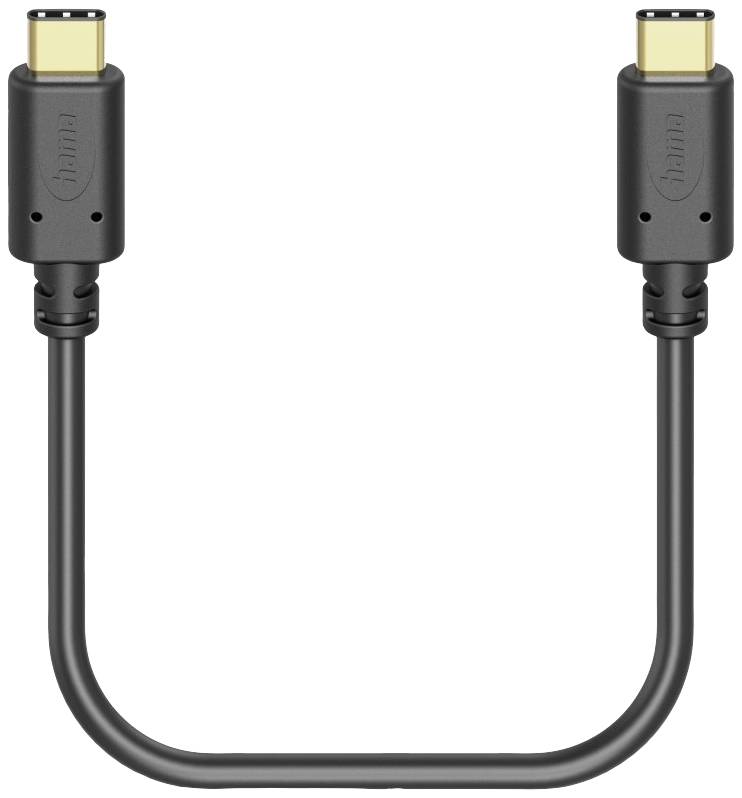 USB-C-Kabel mit zwei gleichartigen Steckern an beiden Enden. Kabel ist in U-Form gebogen. Markenlogo auf den Steckern.