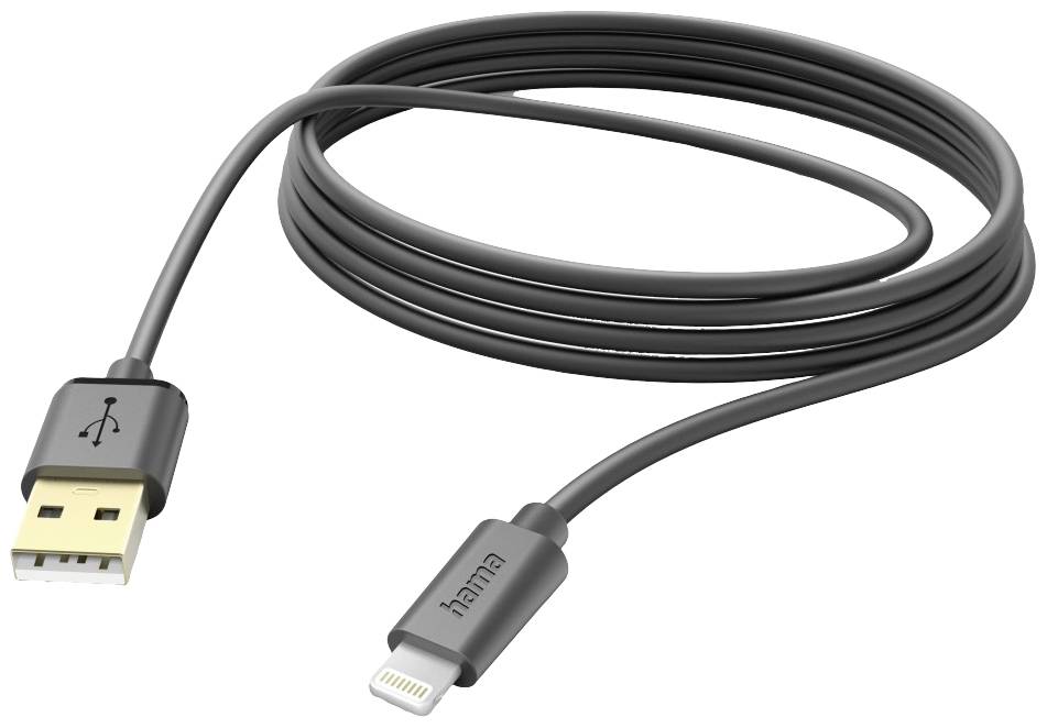 Ein schwarzes Kabel mit USB-A-Anschluss auf der einen und Lightning-Anschluss auf der anderen Seite, geeignet für Apple-Geräte.