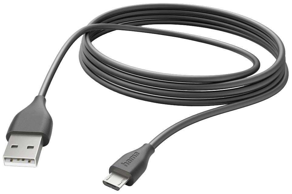 Ein schwarzes USB-Kabel mit einem USB-A-Stecker auf der einen und einem Micro-USB-Stecker auf der anderen Seite.