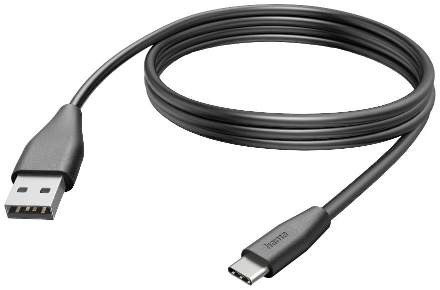 USB-Kabel mit USB-A-Stecker auf USB-C-Stecker, geeignet für Datenübertragung und Aufladen von Geräten. Schwarzes Kabel, ca. 1 Meter lang.