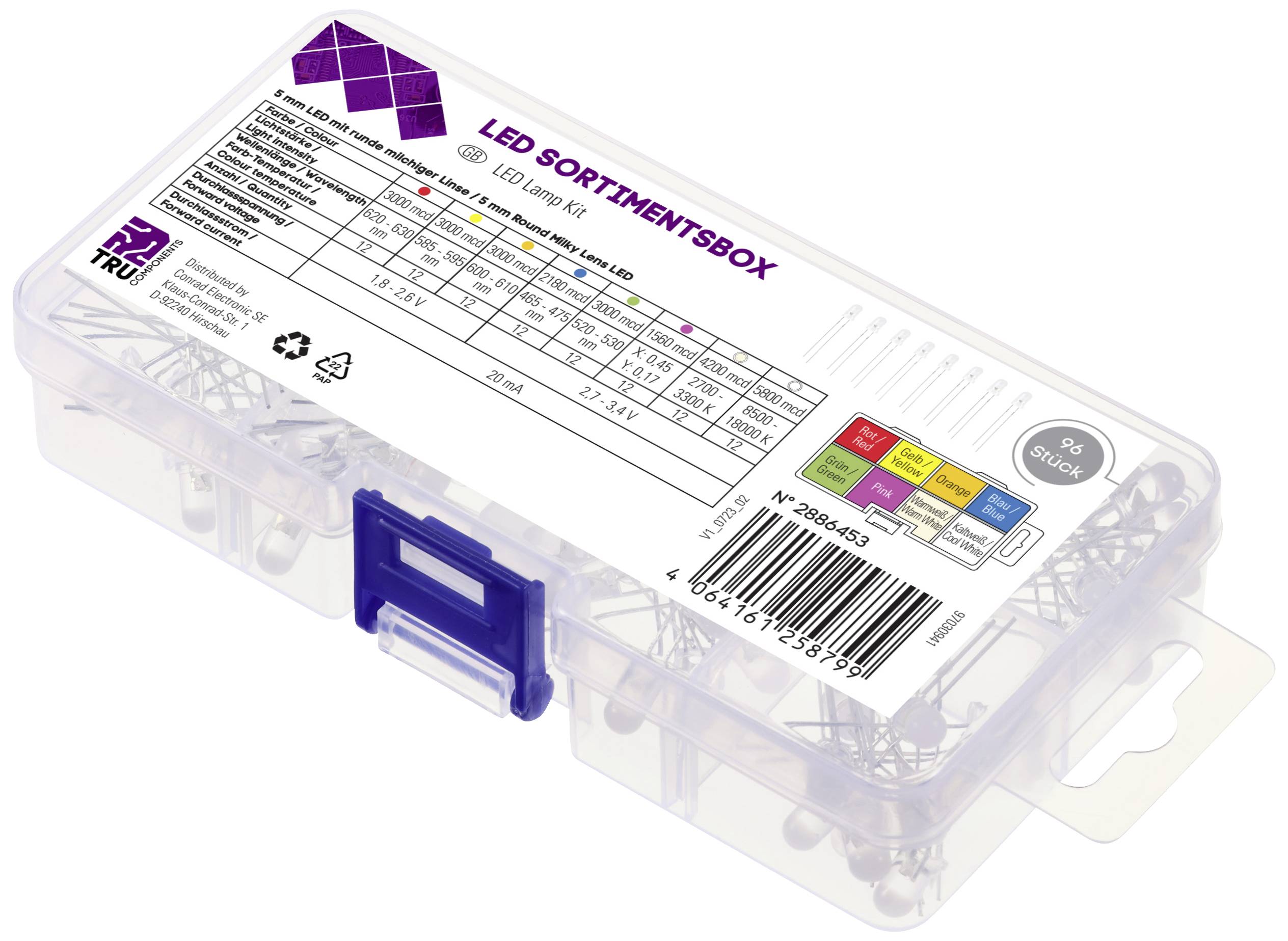 TRU COMPONENTS LED bedrahtet 5mm Milchige Linse 100° 20mA 1.8 V, 3.4V Rot, Gelb, Orange, Blau, Grün, Pink, Warmweiß, Kaltweiß