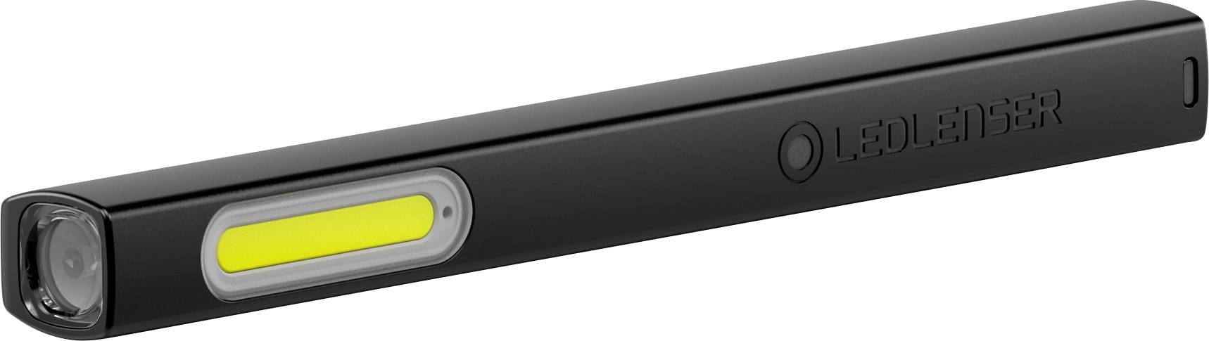 Schwarze LED-Stiftlampe mit gelbem Streifen, kompakt und tragbar. Geeignet für präzises Arbeiten in dunklen Bereichen.