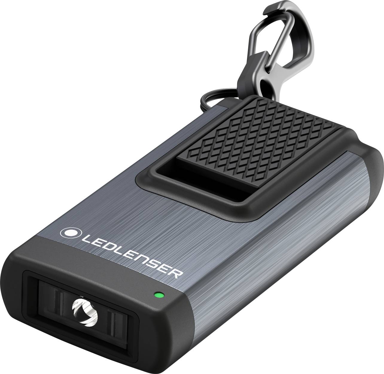Kompakte Ledlenser-Taschenlampe mit Clip und Haken, auf weißem Hintergrund abgebildet.