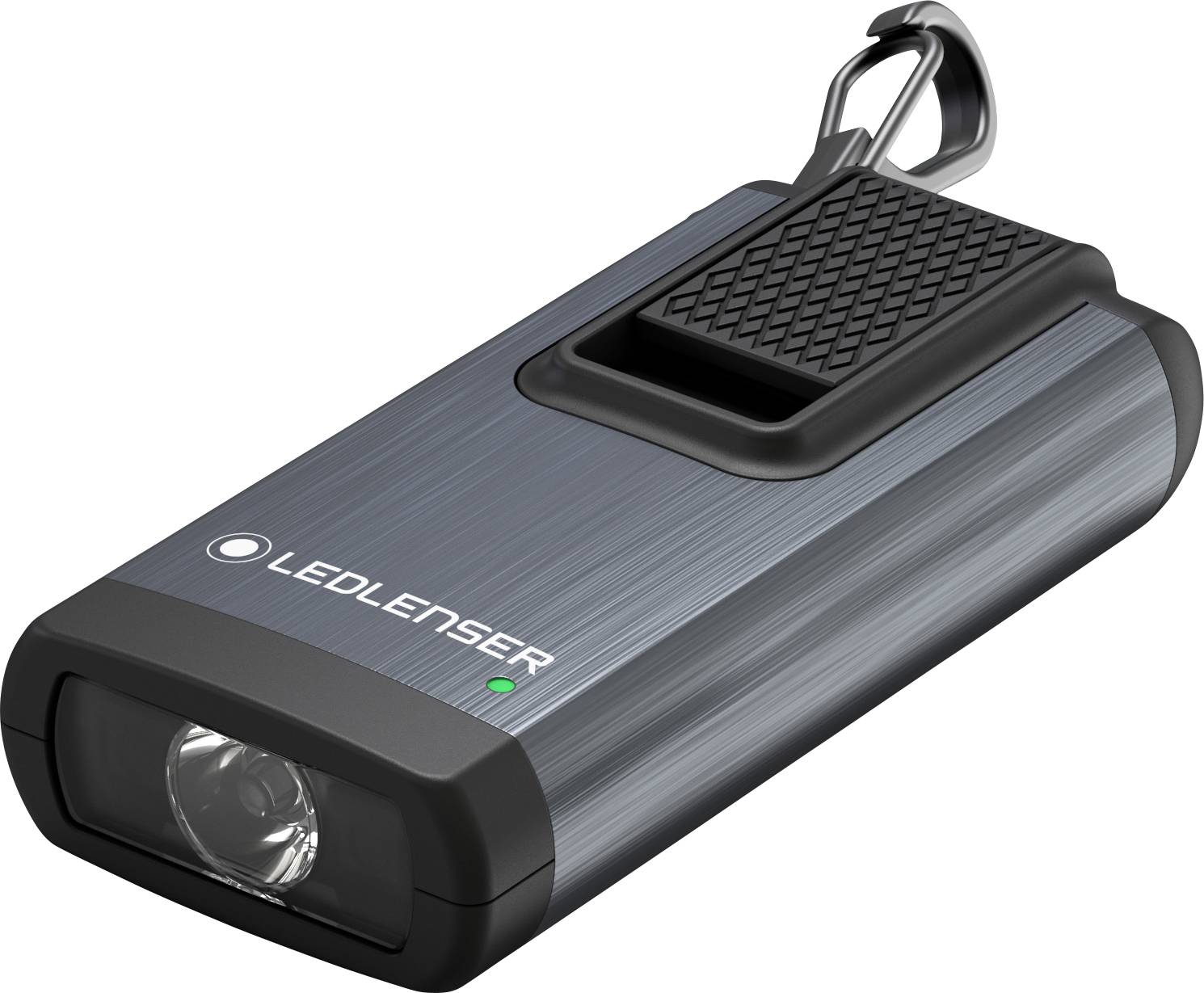 Taschenlampe mit Karabinerhaken, rechteckig, metallic-blau mit 'Ledlenser'-Logo. Ideal für Outdoor-Aktivitäten und tragbar.