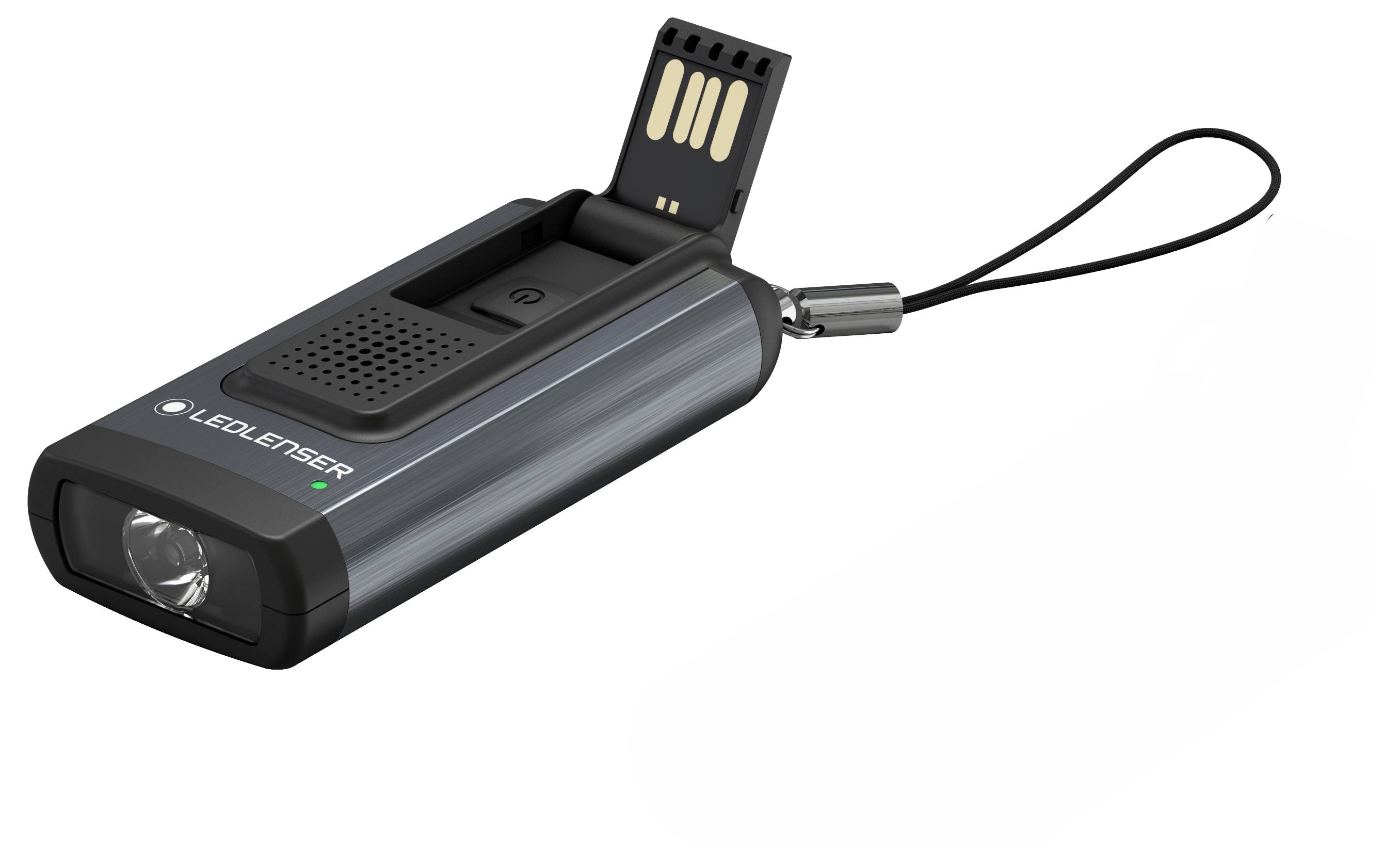 LED-Taschenlampe in rechteckiger Form mit USB-Anschluss und Trageschlaufe.